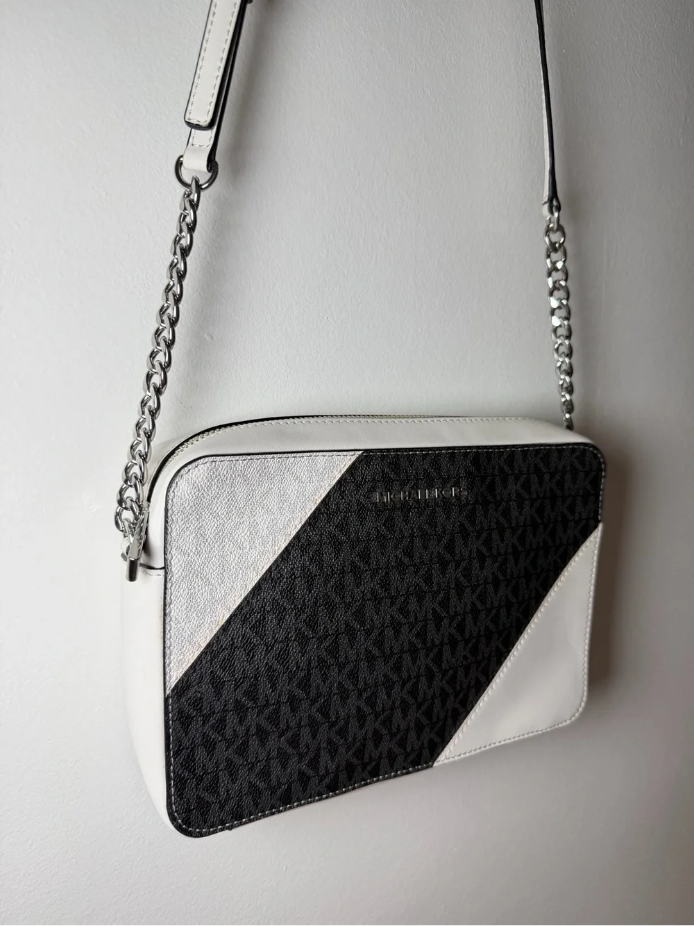 Michael Kors Black and White Diagonal Colorblock Messenger Bag
